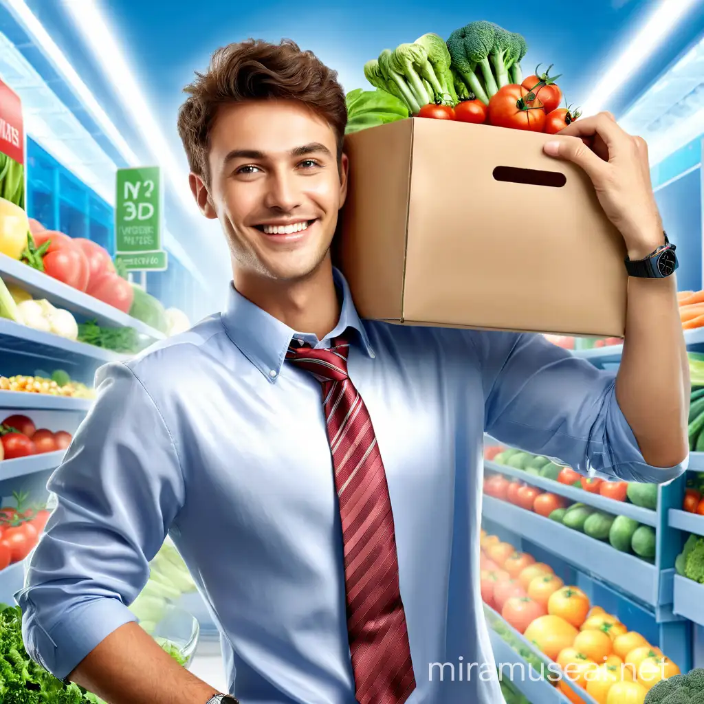 A charming young man with a warm smile and a striped necktie, dressed in a collared shirt and a watch on his wrist, holds a box of his shoulder fresh vegetables and a juicy tomato, ready to share his bounty with the world. hyper realistic 3D