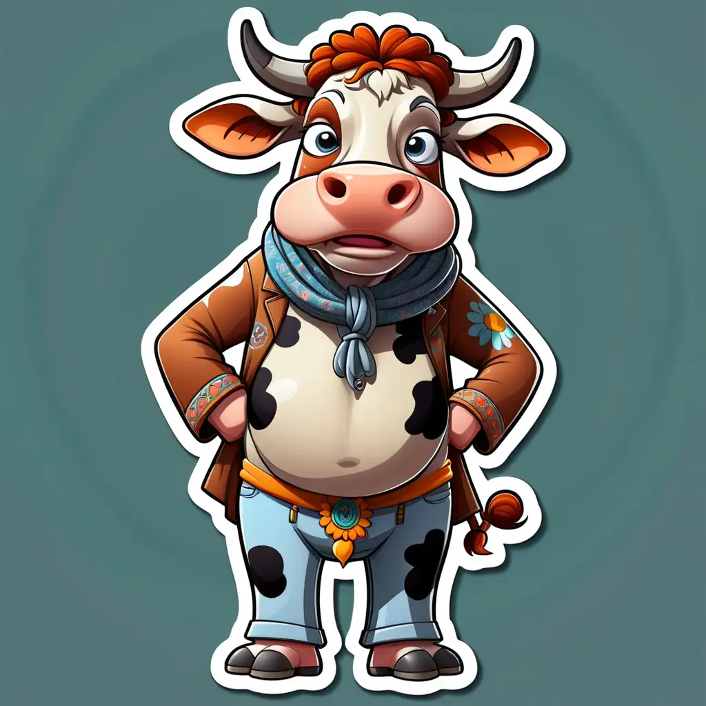 sticker of a cow in full body cartoon style with body hippie clothes with clear background