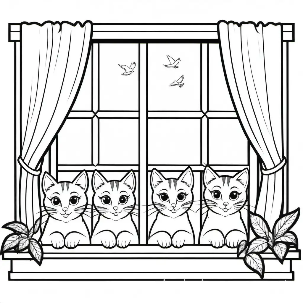 3 cats peeping out of a window to watch  birds, Coloring Page, black and white, line art, white background, Simplicity, Ample White Space. The background of the coloring page is plain white to make it easy for young children to color within the lines. The outlines of all the subjects are easy to distinguish, making it simple for kids to color without too much difficulty