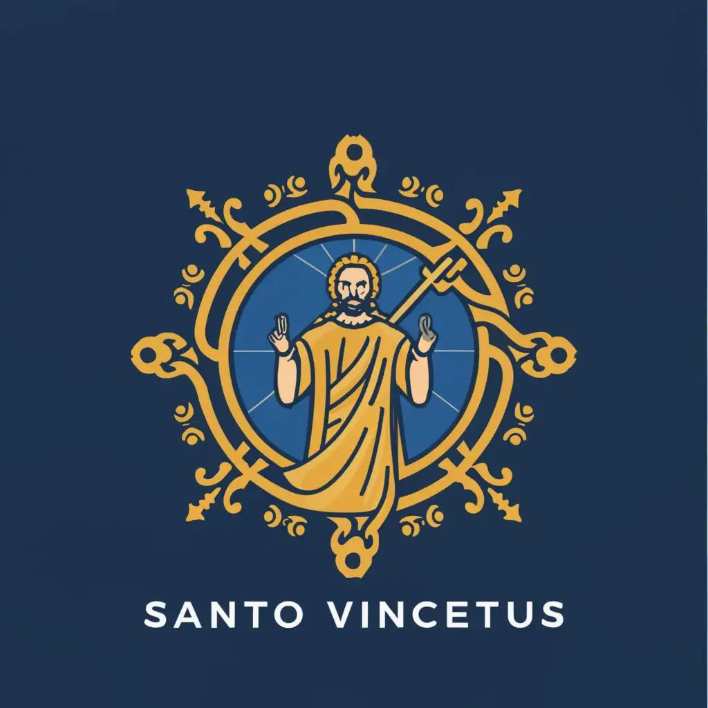a logo design,with the text "PAGUYUBAN SANTO VINCENTIUS", main symbol:- **Identity of Santo Vincentius:** The logo design should reflect the identity of Santo Vincentius a Paulo, which can be represented through religious symbols, physical characteristics, or distinctive attributes such as robes, staff, or other relevant symbols.
   - **Expatriate Spirit:** The logo should also embody the spirit of expatriates, including themes of travel, brotherhood/sisterhood, solidarity, and resilience.
   - **Openness and Peace:** The community prioritizes values of openness, peace, and tolerance, so the logo design should also convey these elements.
4. **Color Palette:** Use a color palette that reflects spiritual nuances, such as light blue, white, gold, or a combination of calming colors that depict elegance.
5. **Additional Elements:** The design can include additional relevant elements related to expatriate themes and Saint Vincentius a Paulo.
6. **Design Style:** The logo should have clarity in visual communication, combining visual elements/icons.
7. **Target Audience:** The community members, mostly expatriates or individuals emotionally connected to expatriate themes and spiritual values.,Moderate,be used in Religious industry,clear background