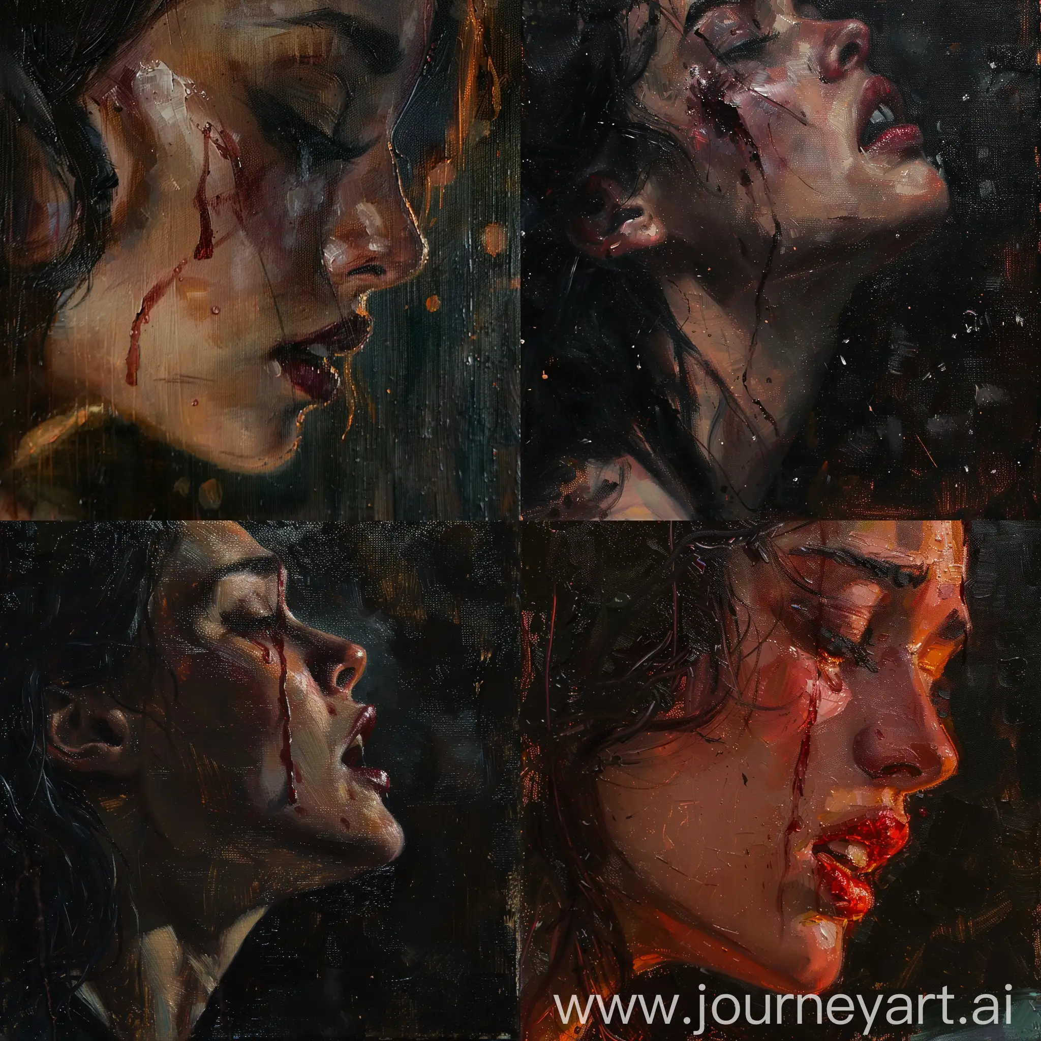 Extra close up to a side pose womans face, she's crying blood, dark eerie, midnight, blurred background, dramatic lighting, caravaggio style oil painting