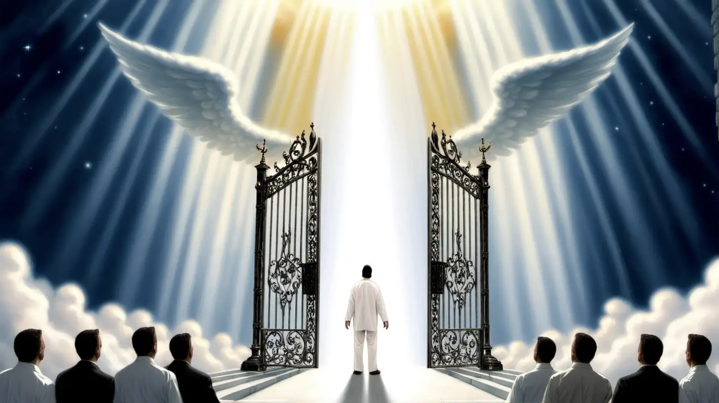 a man appearing before the pearly gates in heaven