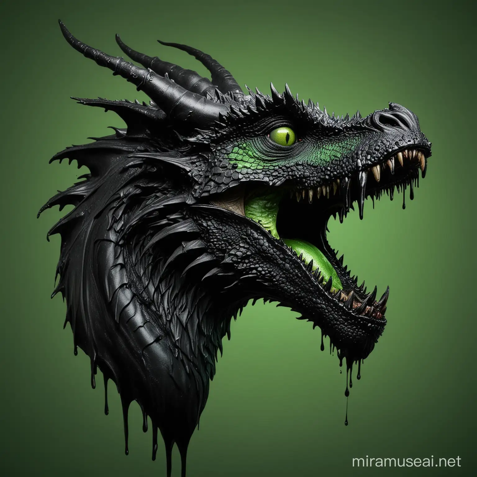black gothic dragon made of black goo with black blood dripping out of mouth screaming side profile with black eyes green background
