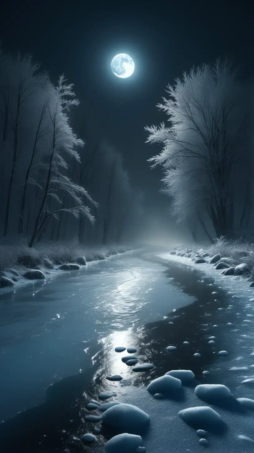 Un rio helado de noche,luz de la luna,niebla, imagen ultra realista,alta definición, iluminación cinemática,8k