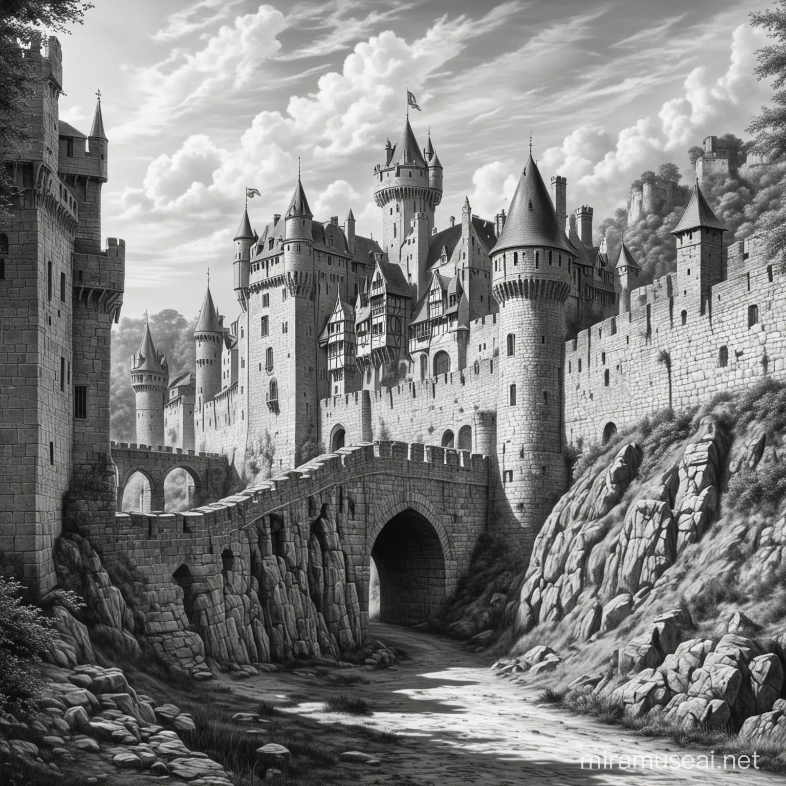 Medieval Castle Rampart Drawing Intricately Detailed Black and White Artwork