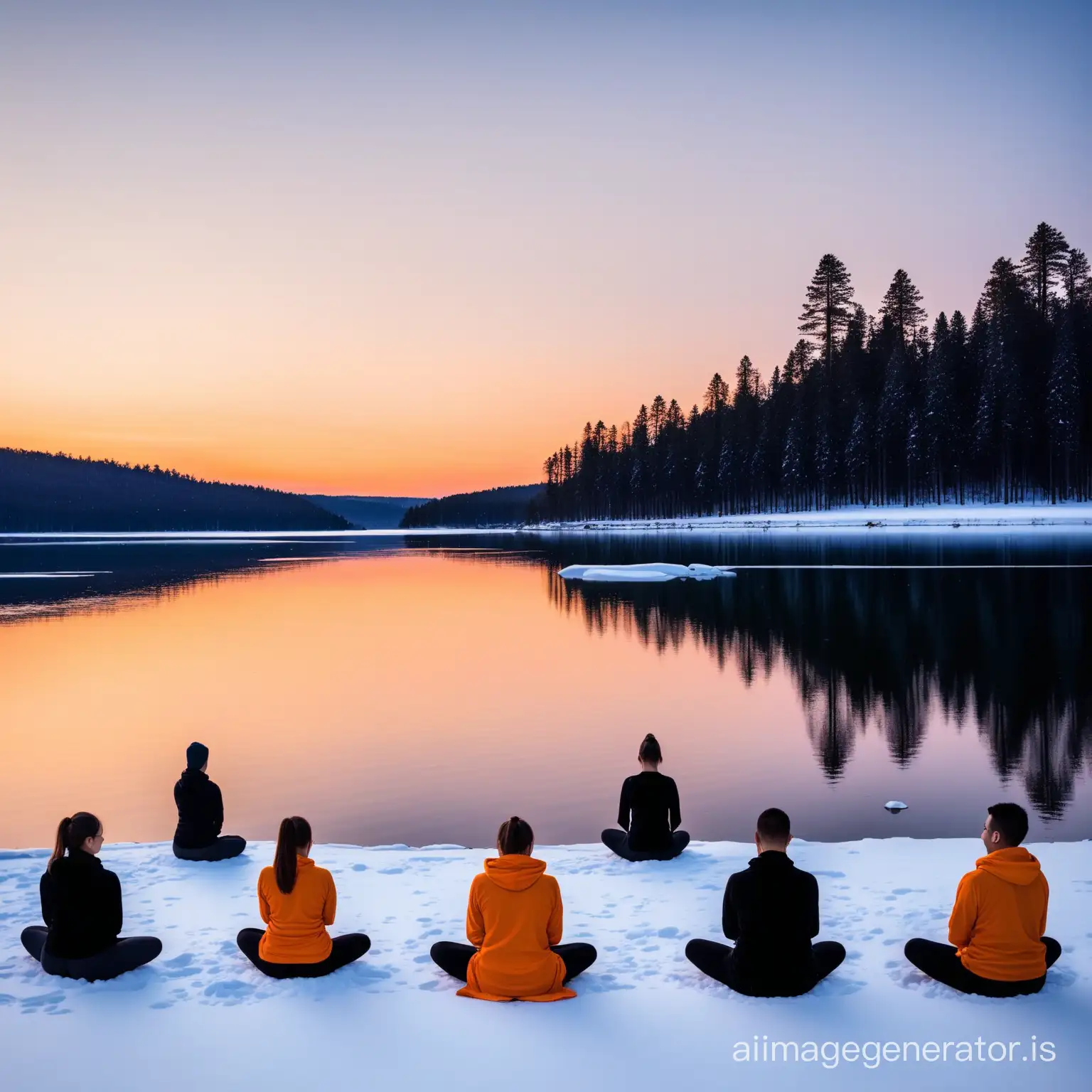 draw a yoga teacher in orange clothing who performs a headstand on the lake shore near pines and it snows and several students sit near evening