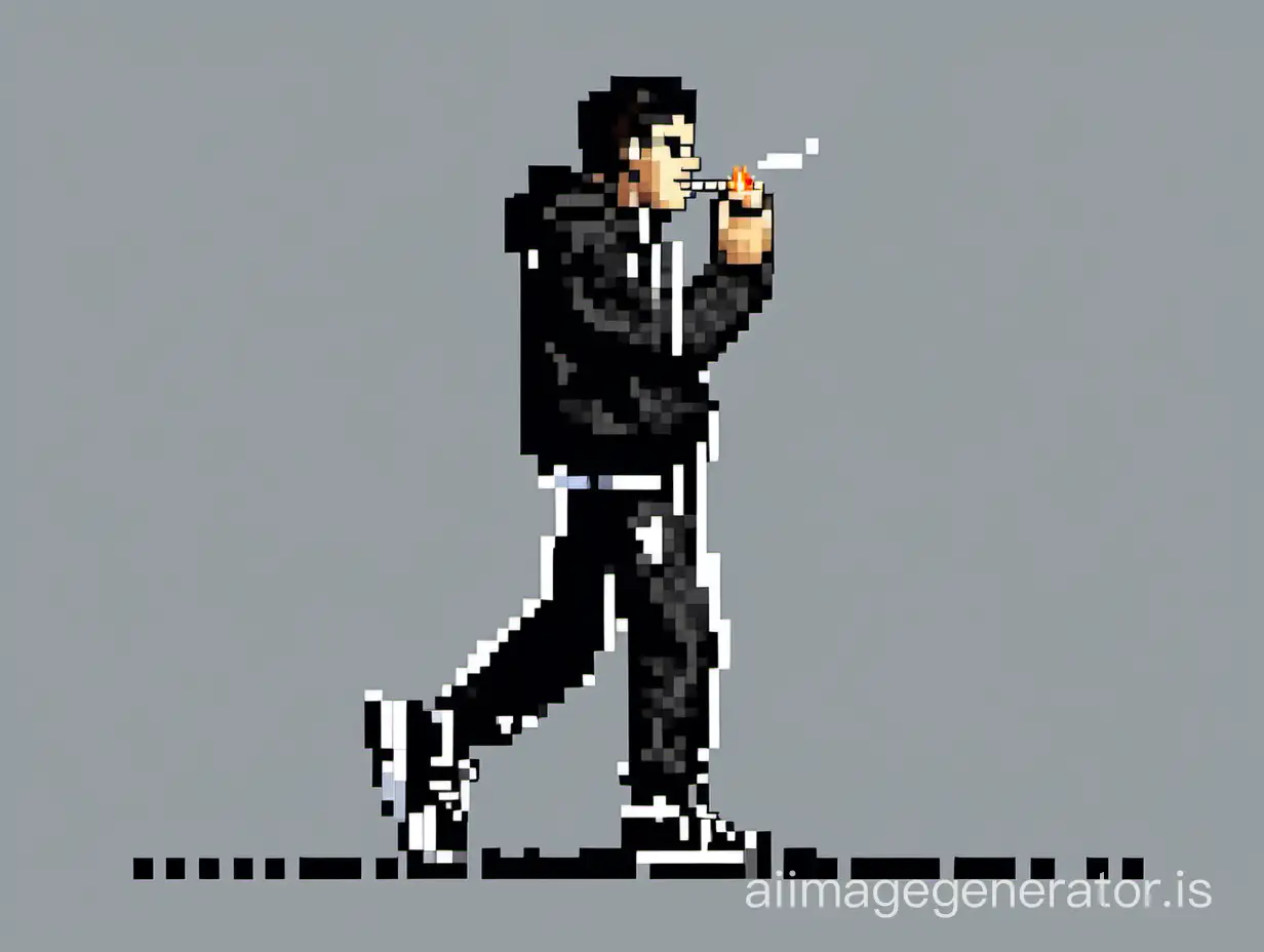 draw a side view of a guy no more than 20 pixels wide in a black tracksuit with a cigarette in his mouth and a weapon in his hands in pixel style