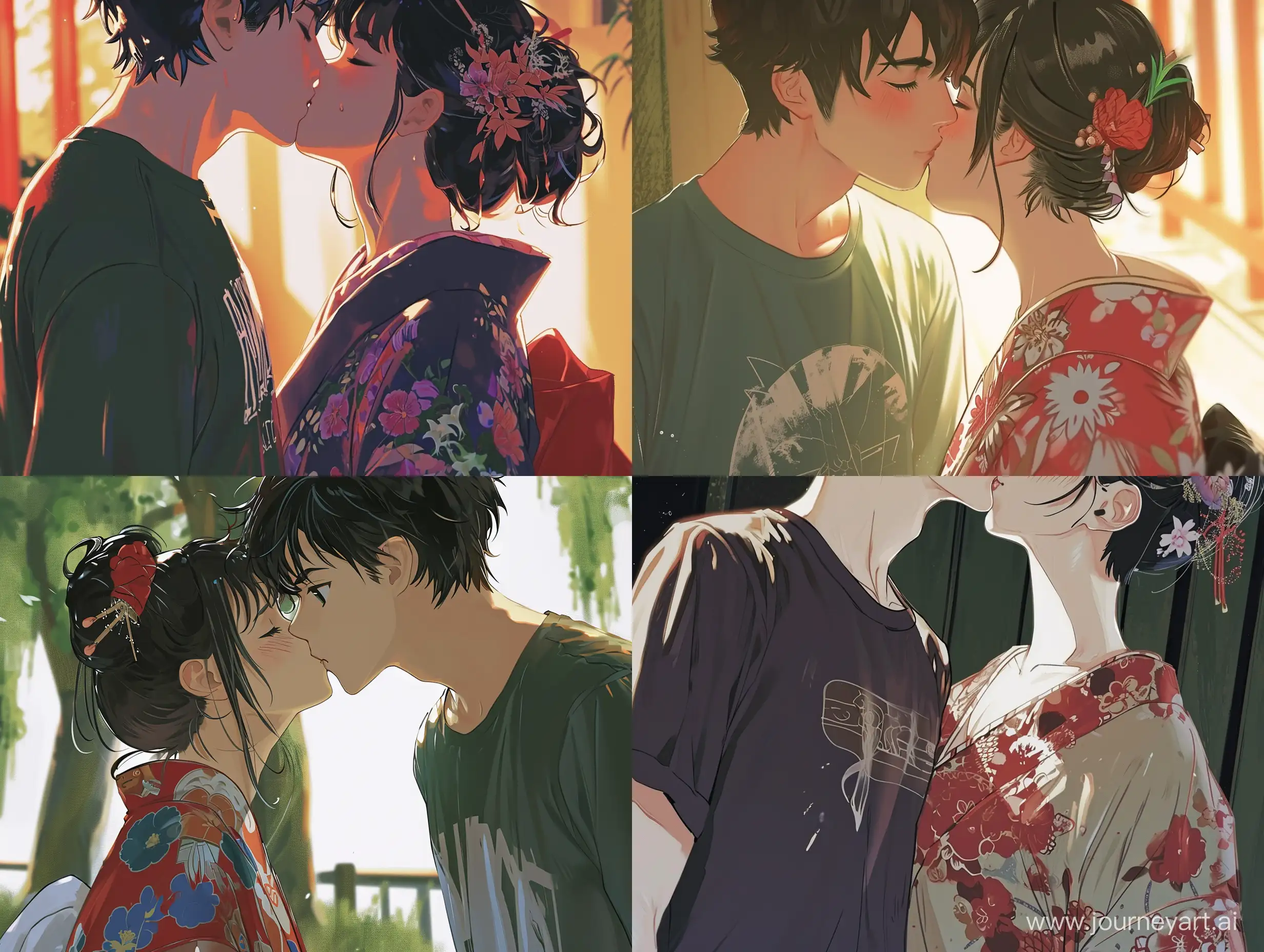 Romantic-Anime-Kiss-Intimate-Moment-of-TShirt-Clad-Man-and-KimonoWearing-Woman