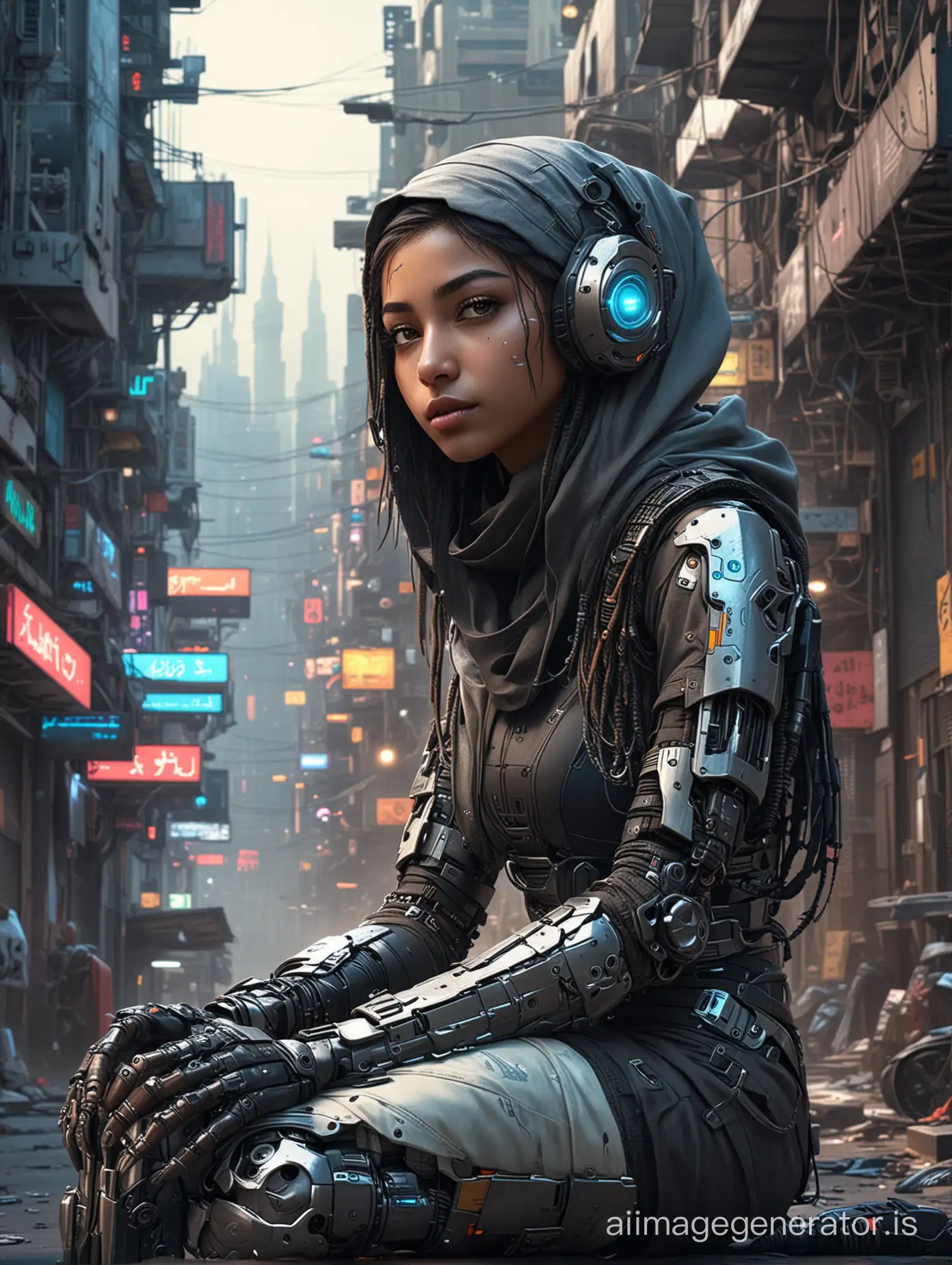 a muslim girl cyborg sitting in cyberpunk town high definition