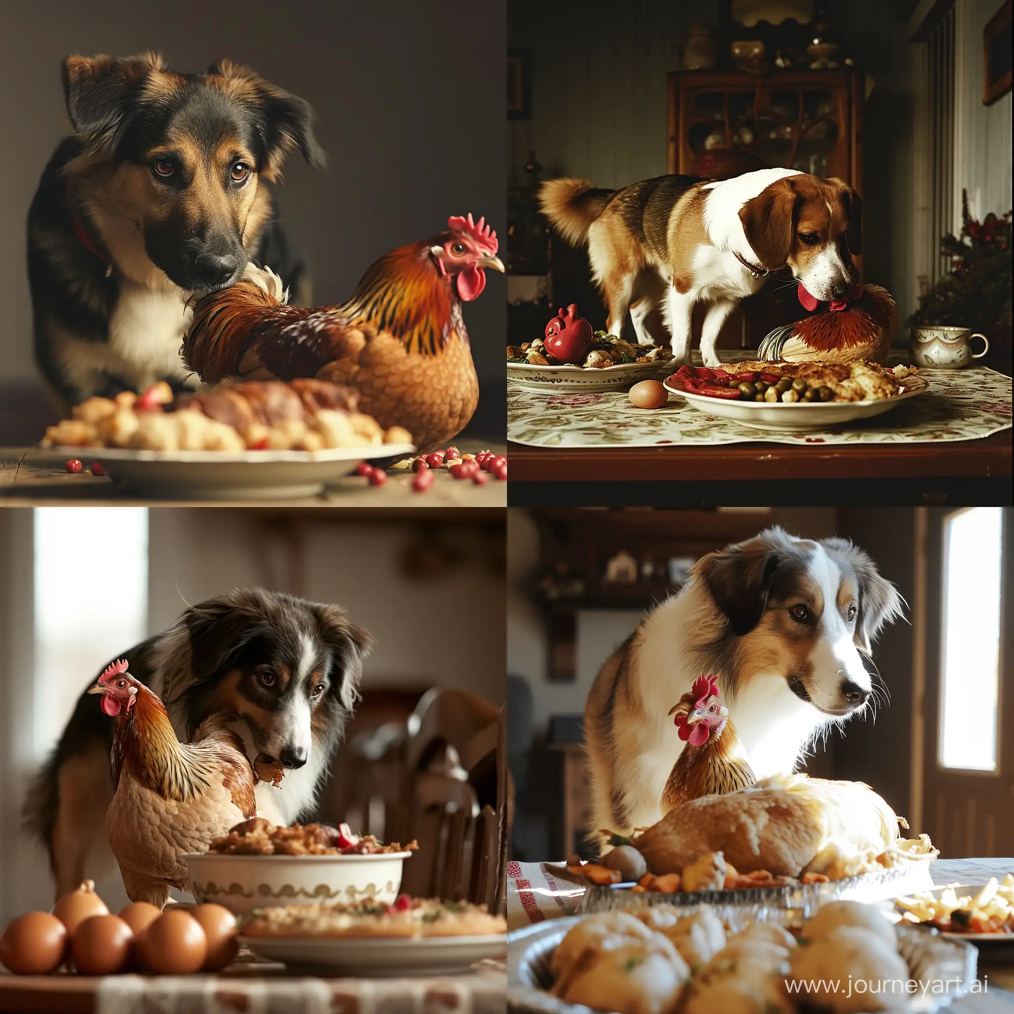 Playful-Canine-Mischief-Dogs-Culinary-Adventure-with-a-Chicken-Companion