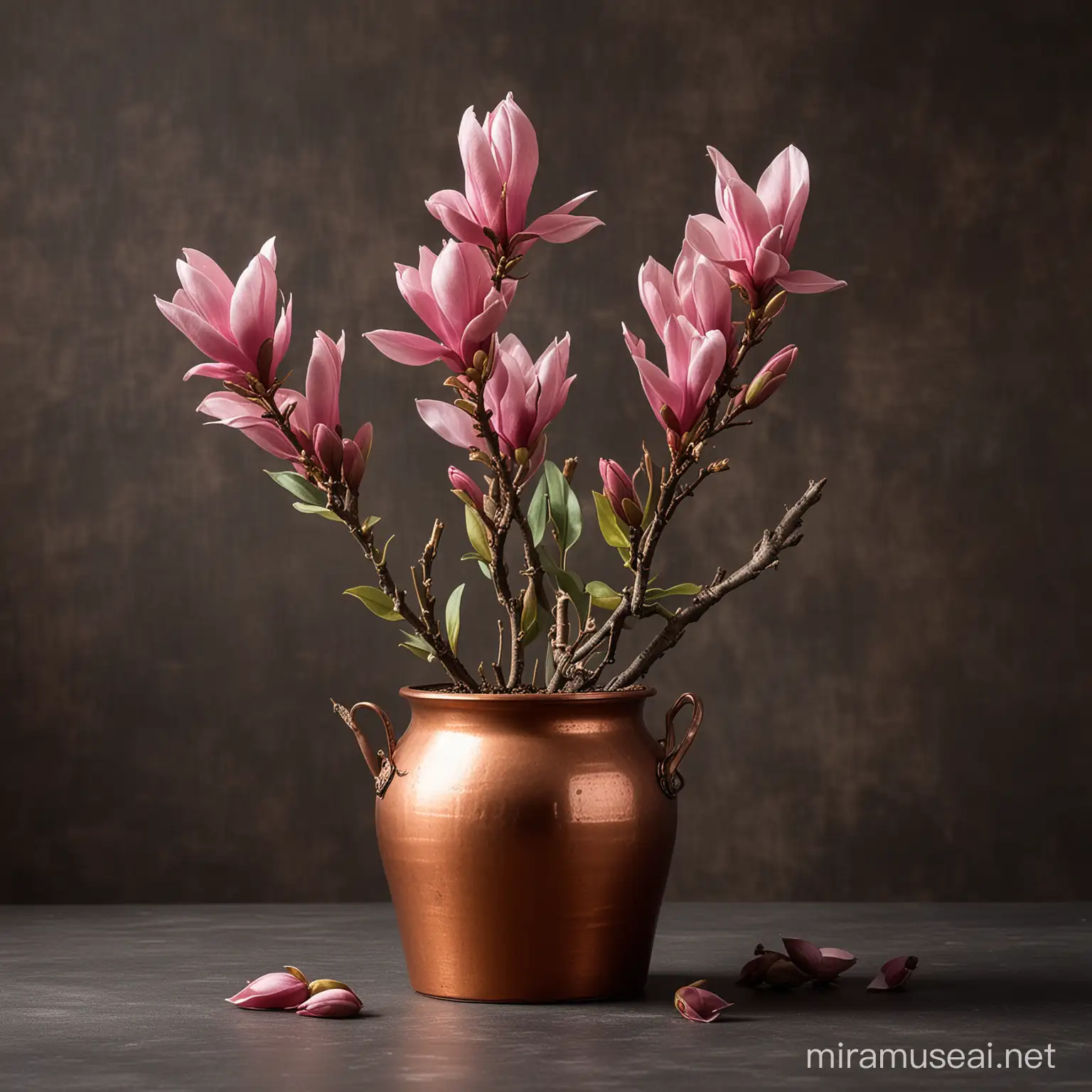 Copper pot  with magnolia flower buds, contrast background 