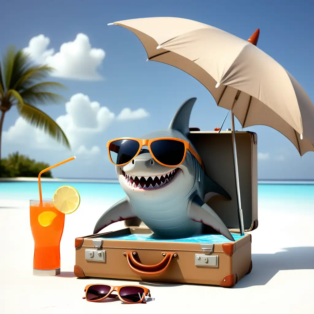 акула в солнцезащитных очках на мальдивах, рядом с ней чемодан, зонтик, а в ластах напиток
