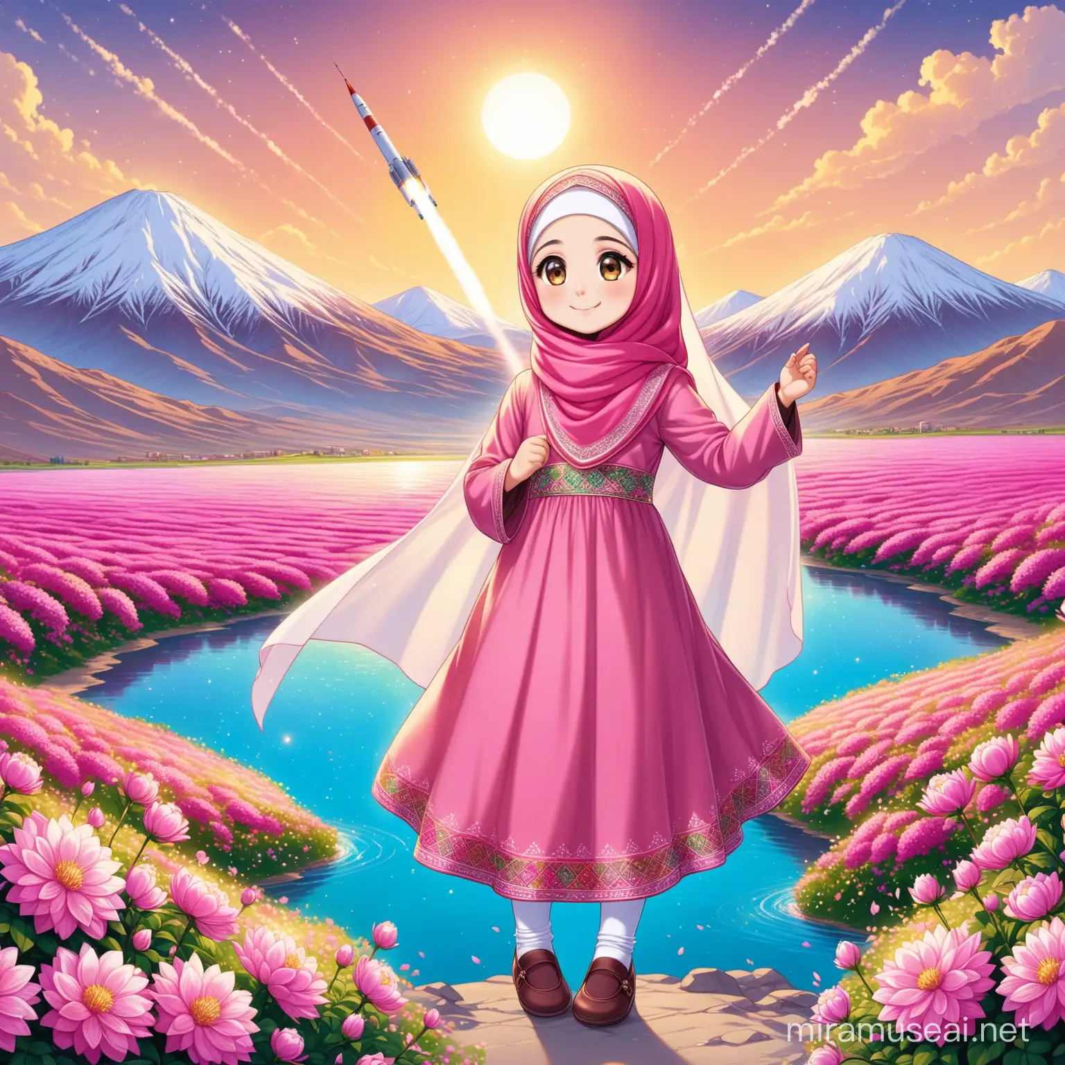 Persian little girl(full height, Muslim, with emphasis no hair out of veil(Hijab), small eyes, bigger nose, white skin, cute, smiling, wearing socks, clothes full of Persian designs).
Atmosphere Damavand mountain, nice flag of Iran proudly raised, firing satellite to sky and full of many pink flowers, lake, sparing.