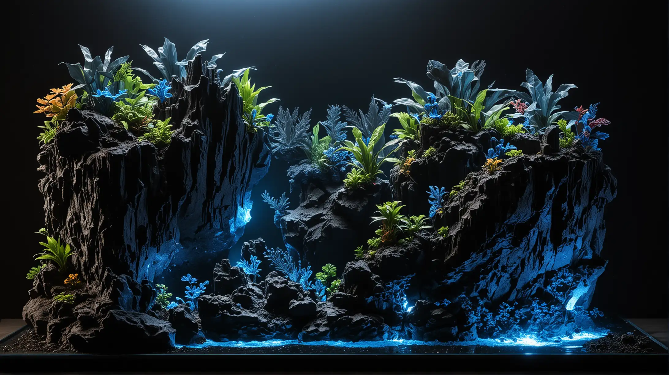 Black rock tropical cliff with underwater blue luminescent crystals paludarium.