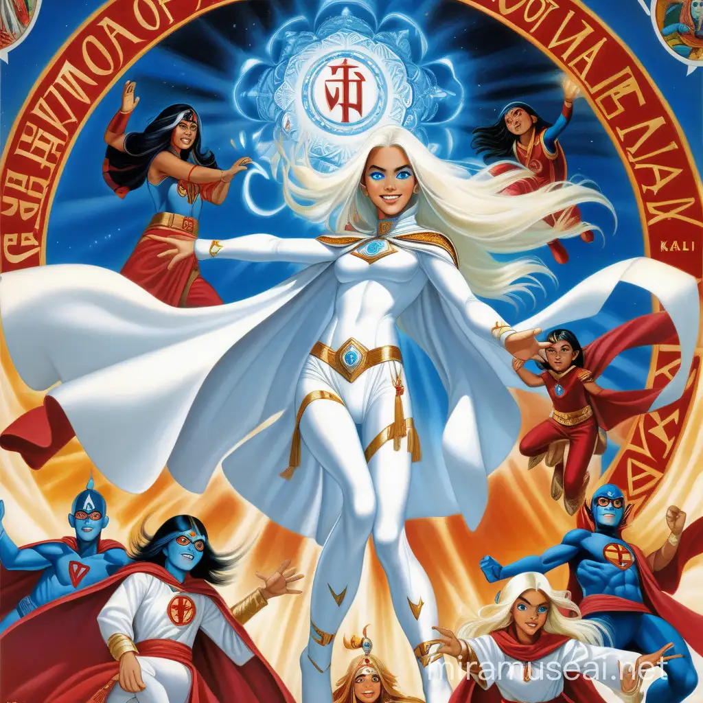 Diosa hermosa adolescente de cabellos blancos largos y ojos azules vestida de traje entallado ajustado blanco con botas y capa blanca larga en actitud de superheroe flotando en el aire sonrisa de superheroe  emana luz y poder y de fondo un monasterio tibetano y la diosa Kali y chicas y chicos  vestidos como ella y la palabra kaliman war of the kali escrita con letras de fuego 