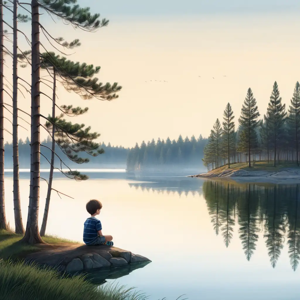 A boy, sitting in front of a lake.  On the far side of the coast there should be a line of pine trees. It is morning time.