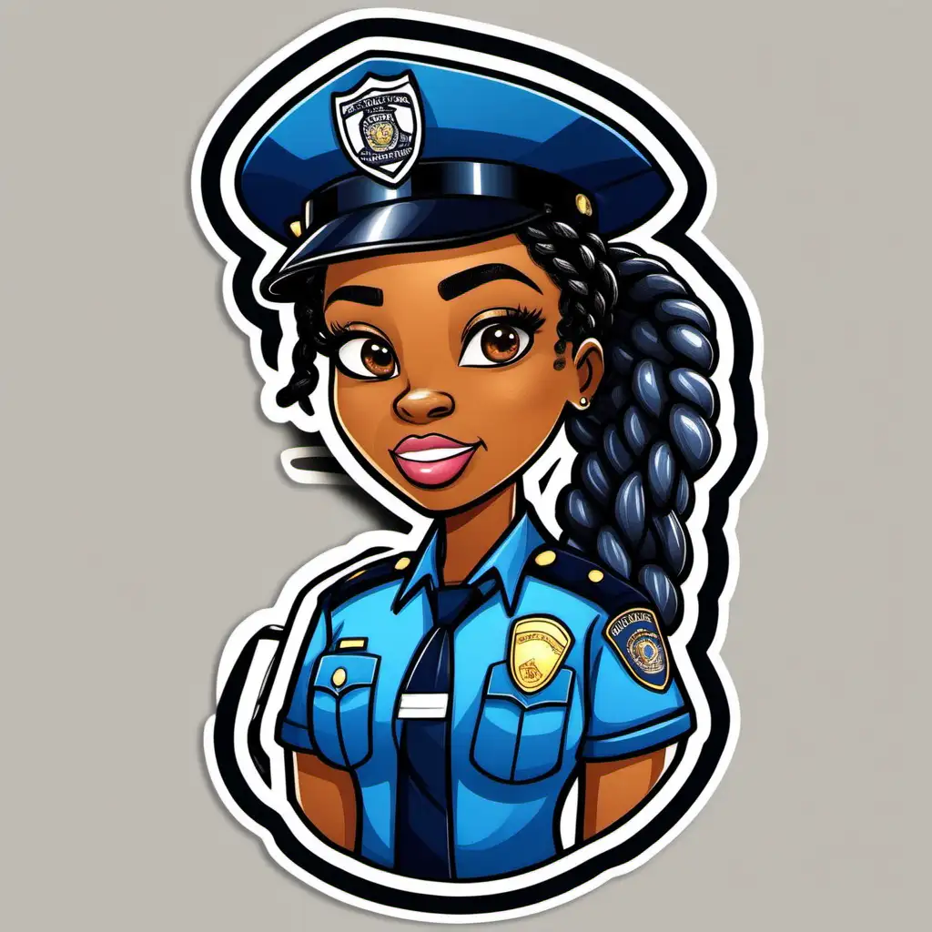 A cute cartoon sticker of a black woman police officer with braids wearing a blue uniform and a campaign hat 