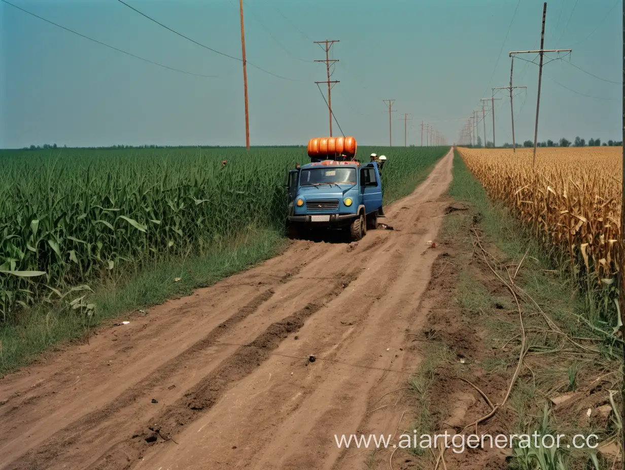 поле кукурузы, грунтовая дорога, уаз 452 перевернулся, линия электропередач, рабочий в каске у дороги