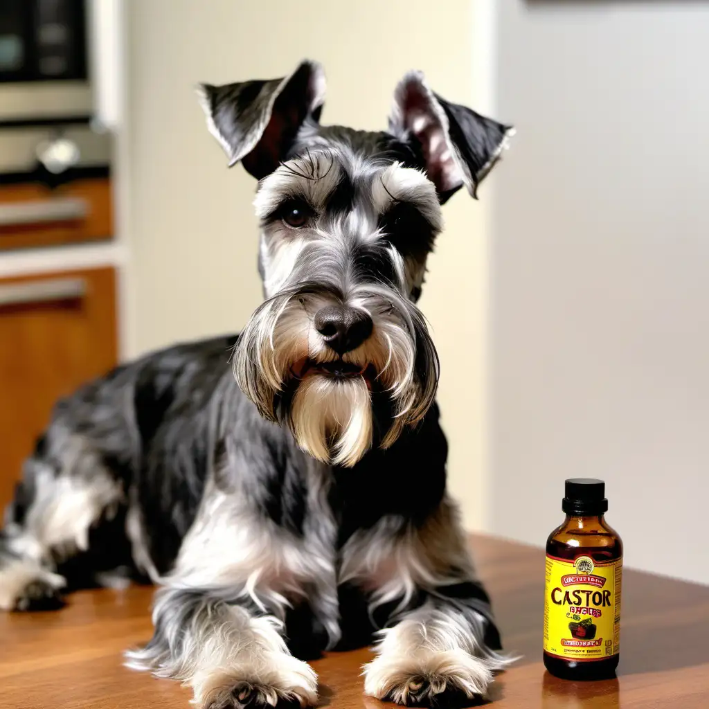 a schnauzer looking at a bottle of castor oil on the kitchen table