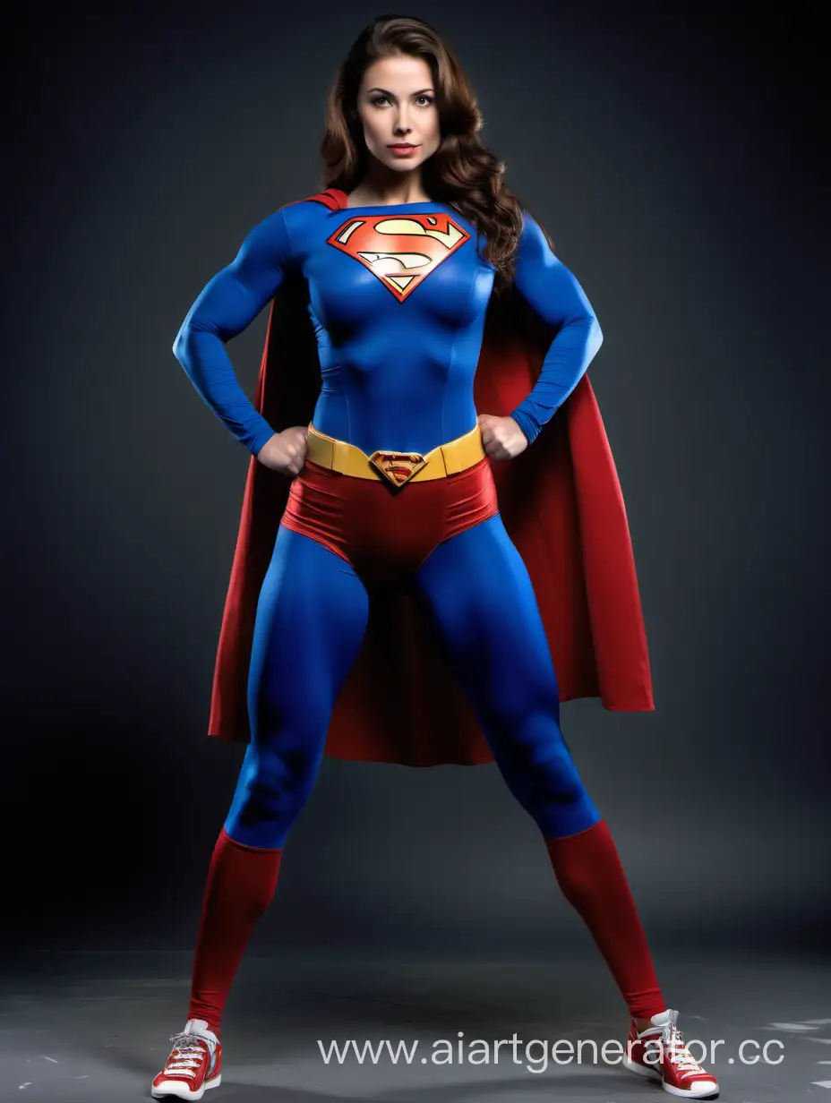 A pretty woman with brown hair, age 21. She is confident. ((She is Extremely Fit and Muscular)). Powerful. Strong. Mighty. Massive. Superhero. She is wearing a Superman costume, full-body spandex, blue leggings.
Photo studio. Superman the Movie.