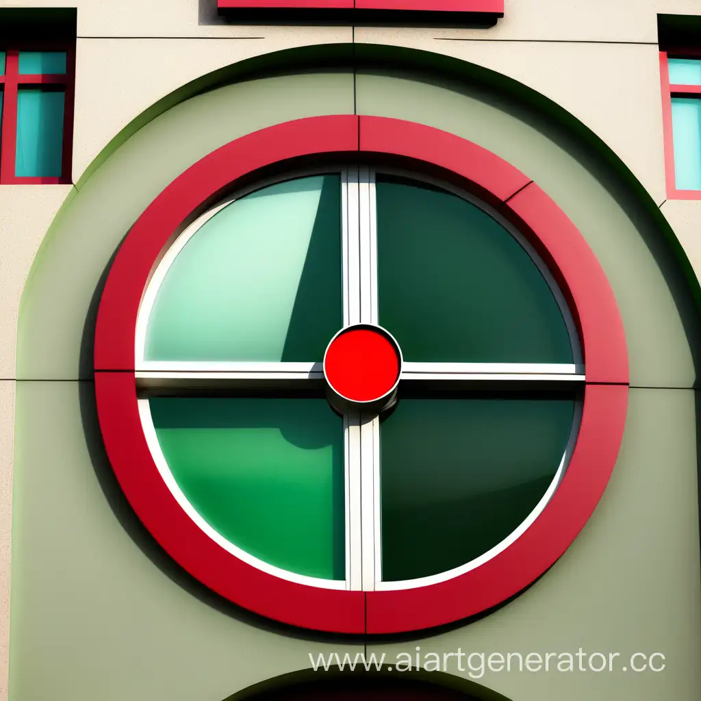 зеленое здание юридического центра  с красными круглыми окнами