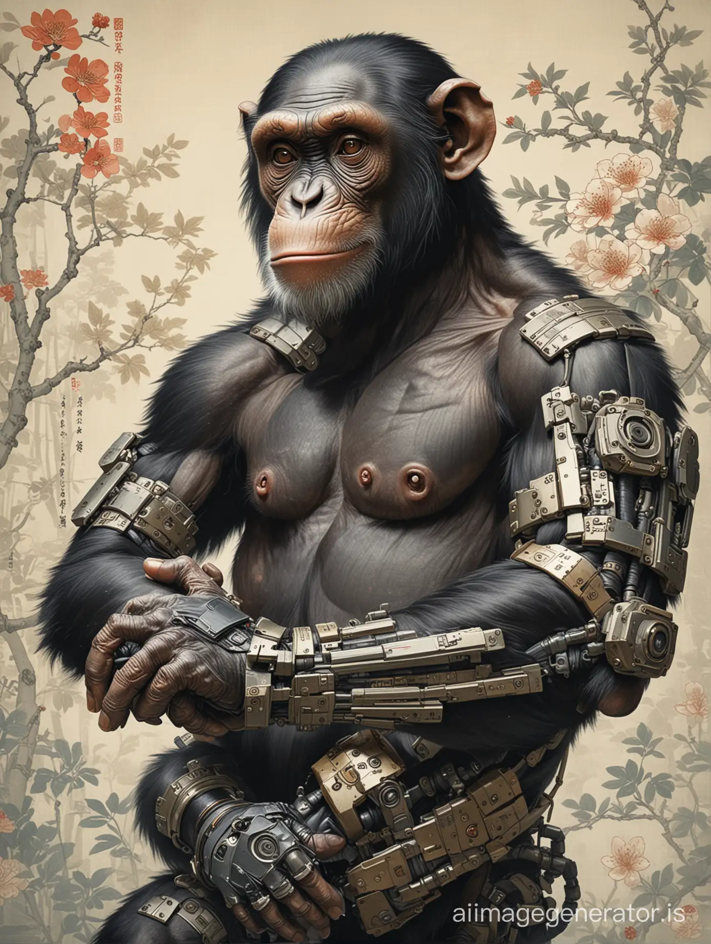Chimpanzee, with cybernetic arms. Arms crossed., in ukiyo-e art style, traditional japanese masterpiece, (anthro:0.1)