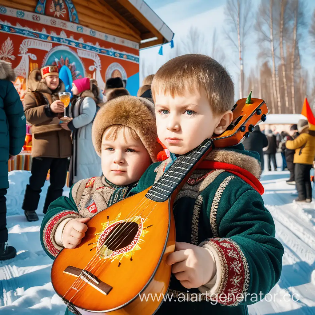 русский мальчик на фоне праздника масленицы держит балалайку и пьёт водку
