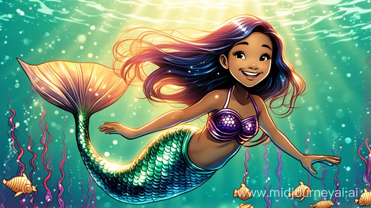 a 12 year old little girl mermaid from asian swims happily in the shimmering ocean, cartoon