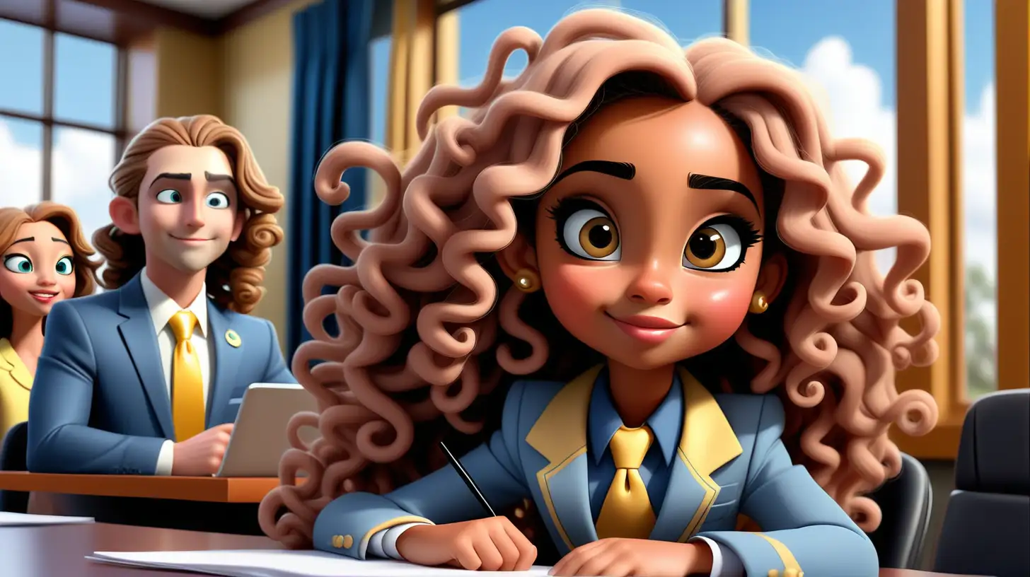 A beautiful  7 year old girl, cute, light brown skin, big hazel eyes long black eyelashes, blush,beautiful lips, round face, sitting at conference table with people , blue and yellow suit, blue tie, extremely long brown detailed curly hair, disney style, cartoon character, smirk, blue sky, tall window 