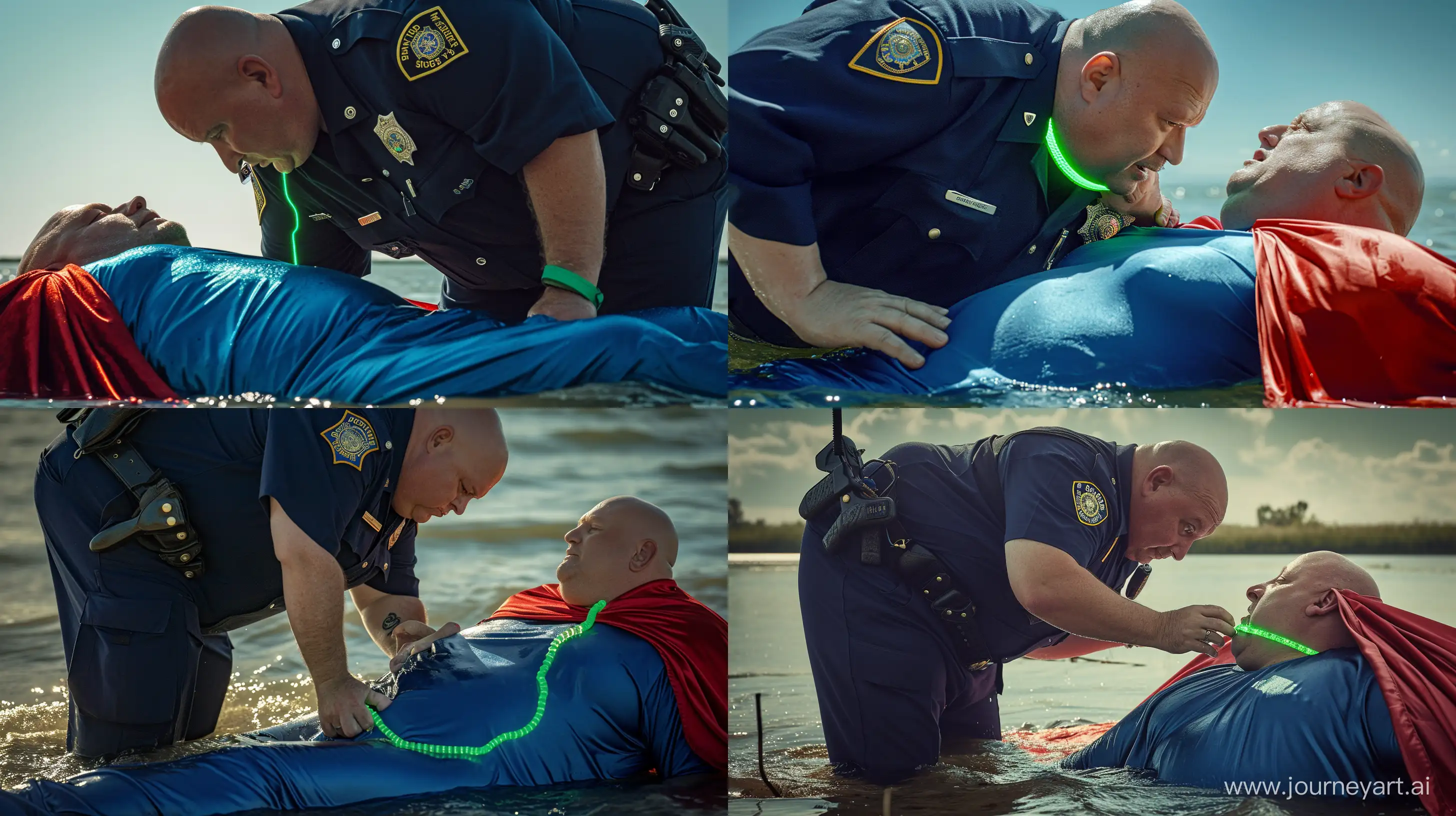 Close-up photo of a chubby man aged 60 wearing a navy police uniform, bending over and tightening a green glowing small short dog collar on the neck of another chubby man aged 60 lying in the water and wearing a blue silky tracksuit with a large red cape. Outside. Natural light. Bald. Clean Shaven. --style raw --ar 16:9 --v 6