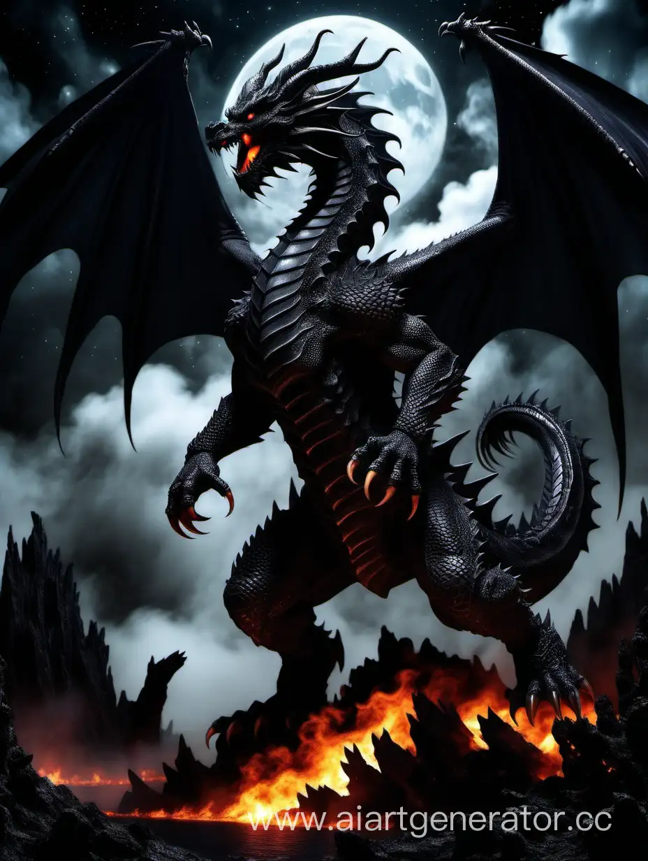 черный большой дракон на фоне ночи в аду