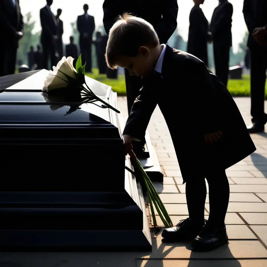 sad photo of a funeral, a kid lays a flower on the tome, silhouette