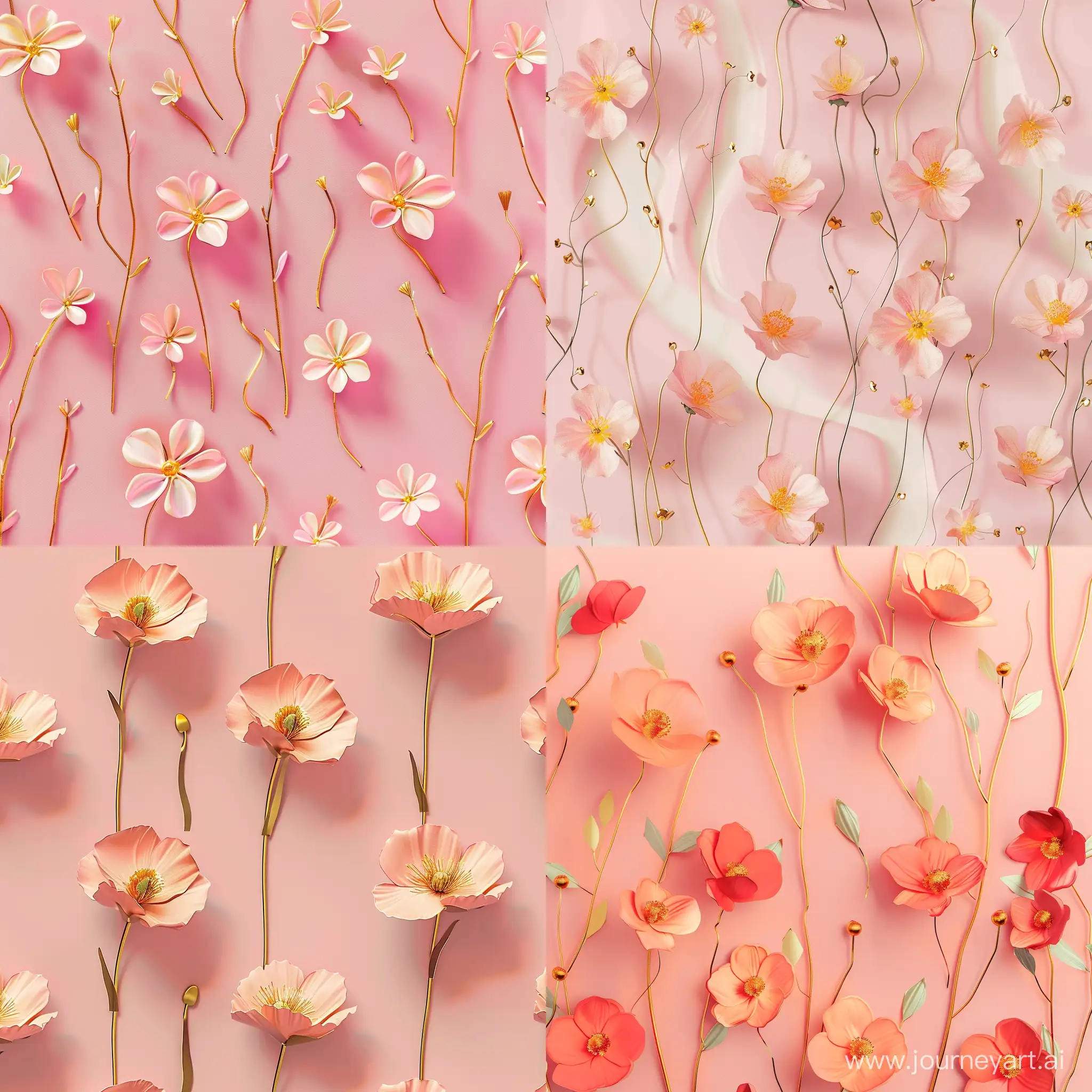 паттерн цветы с золотыми стеблями на розовом фоне