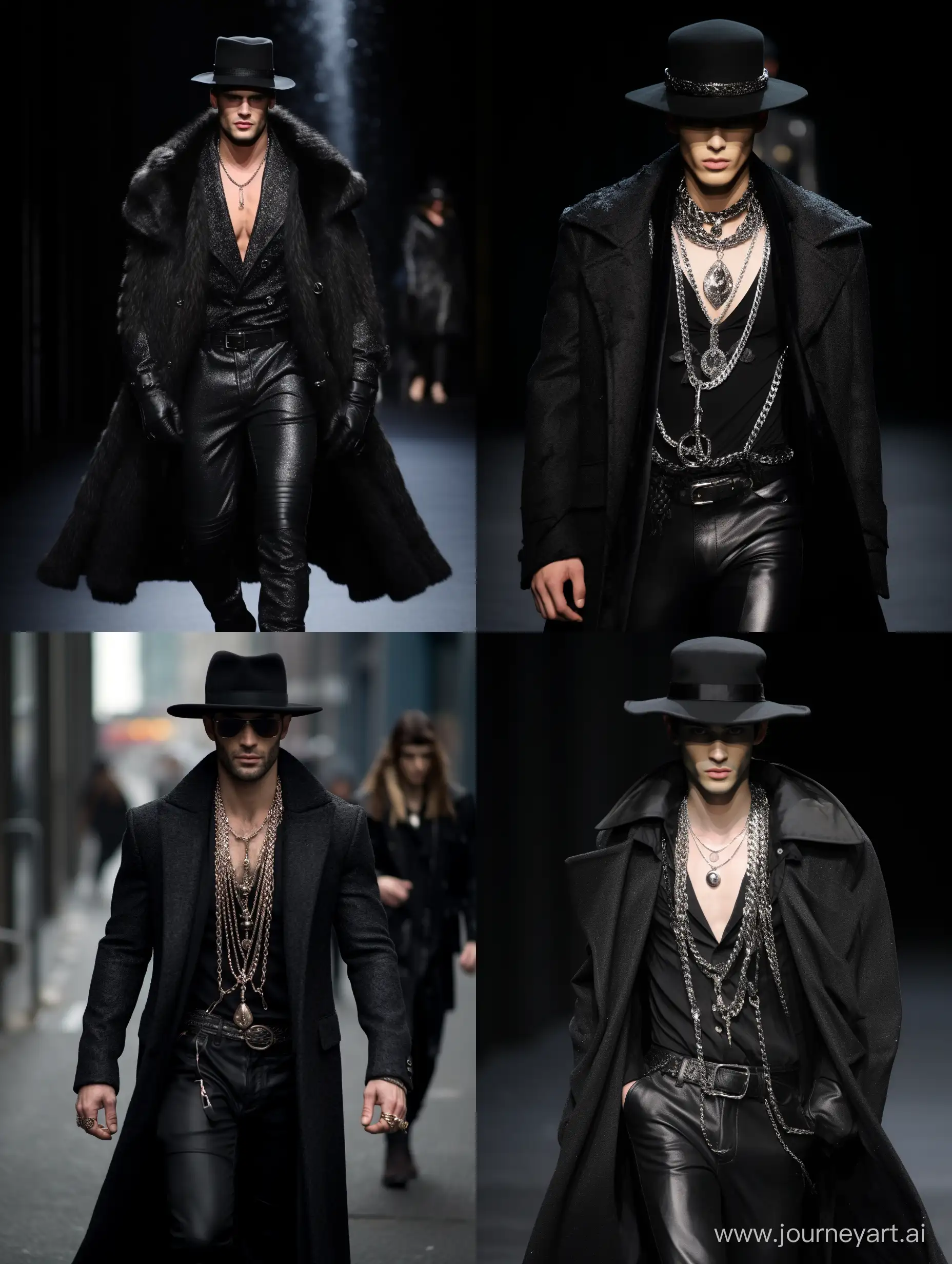 Male model handsome slim runway jeans coats vison mink jewerly hats black 
