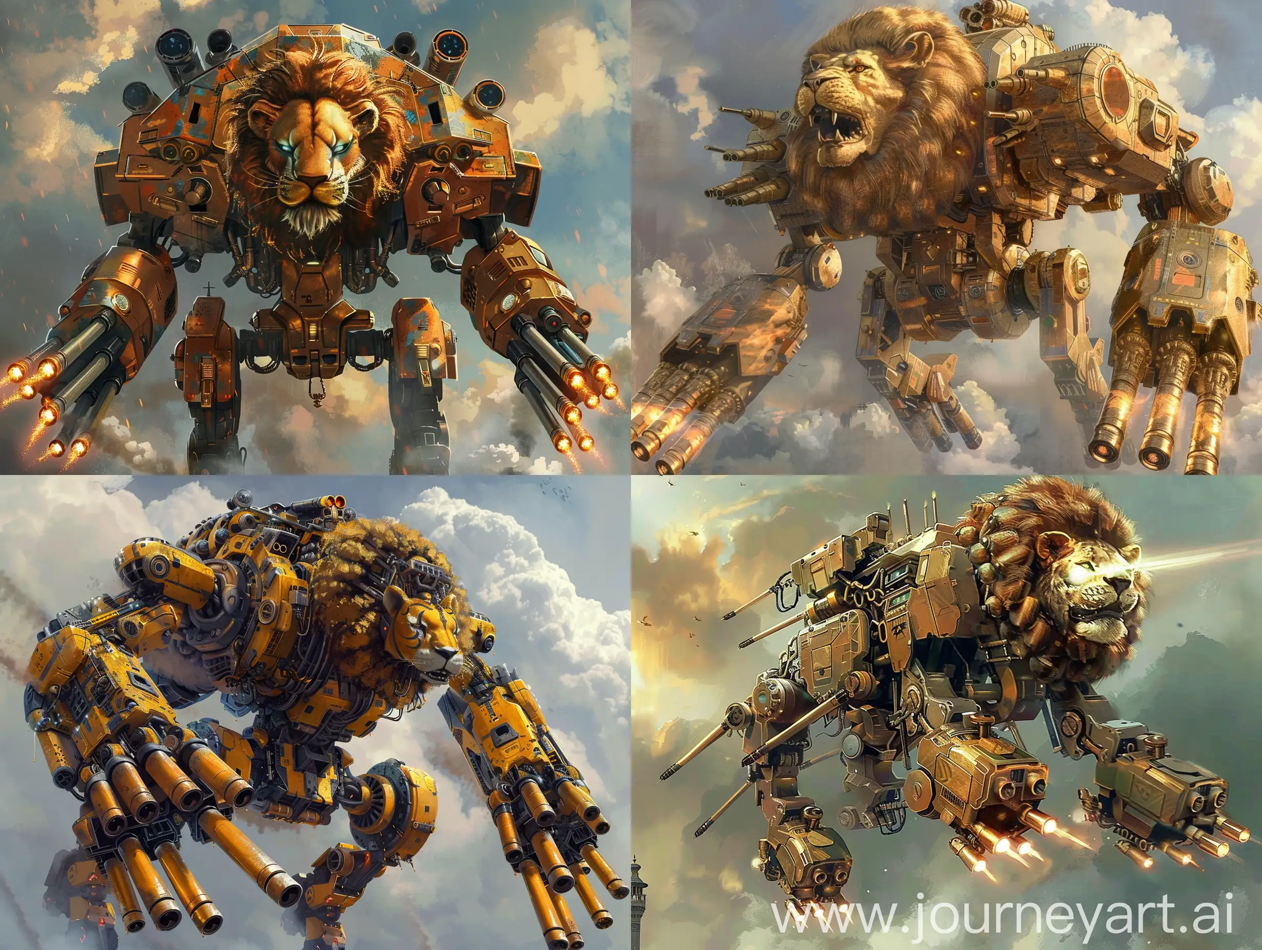 Sci-Fi Iranian Persian Giant War Robot, Mech, Lion Head, Golden Lion Mech, Cannons For Hands, Very Powerful, Flying In The Sky, Scary, Horror