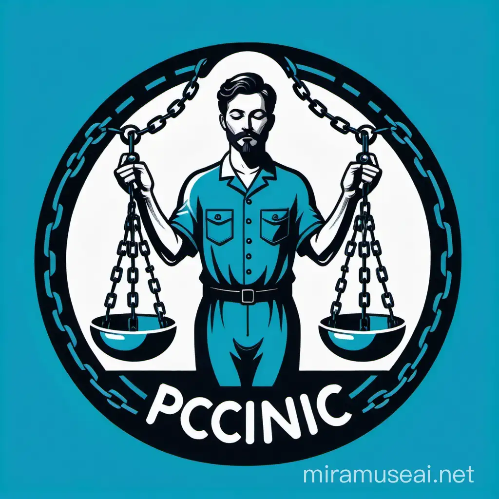 the logo of the psychological clinic in blue, black and white tones, which depicts a man holding two bowls with chains in his left and right hands and standing in the middle in full height with his eyes closed. He throws his arms out to the sides