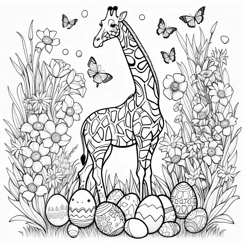Coloring page Illustrate a bouquet made entirely of Easter eggs, surrounded by a garden bursting with spring water flowers and a giraffe