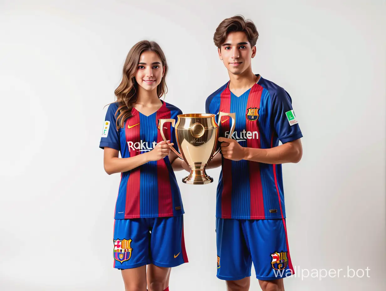 Soccer guy 20 years old Spaniard in Barcelona uniform and girl 23 years old in Barcelona uniform holding the Big Champions Cup white background high detail and realism professional photo