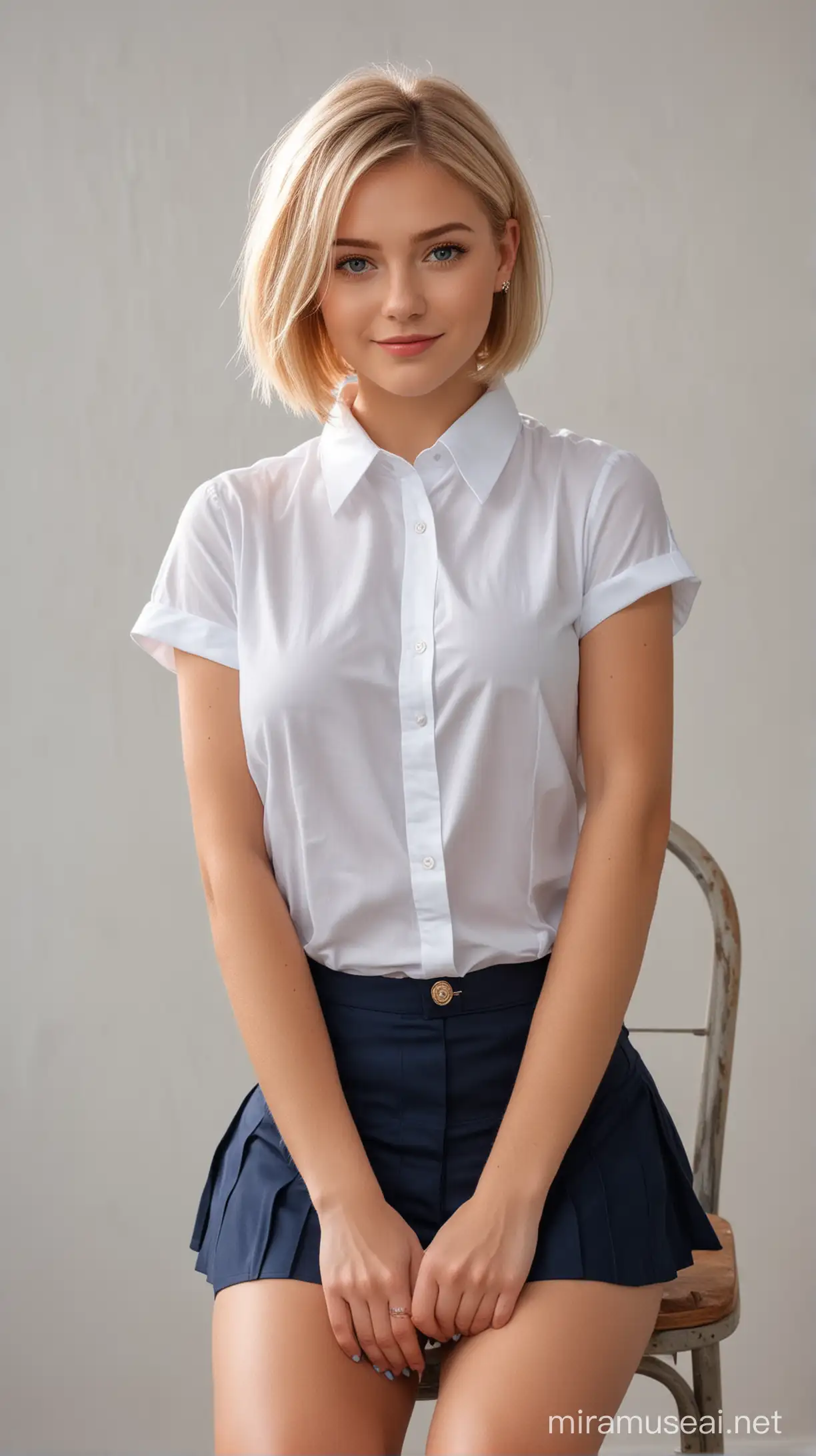 beautiful school girl, school uniform, white shirt, posing to camera, looking at camera, extreme realistic, shiny glossy short bob blonde haircut with red band on hairs, blue eyes, white formal shirt, navy blue colored short skirt, looking at camera, smile, shy, blush, extreme details, extreme details for hairs eyes and lips, realistic skin texture, outside background in school garden, sunlight making her hairs glow. portrait, short sleeve shirt, belt on skirt, red hair band on hairs, her face clear with realistic texture, body in sexy shape. image fit till chest, hands on face shy blushing eyes happy, sitting on chair, looking at right side
