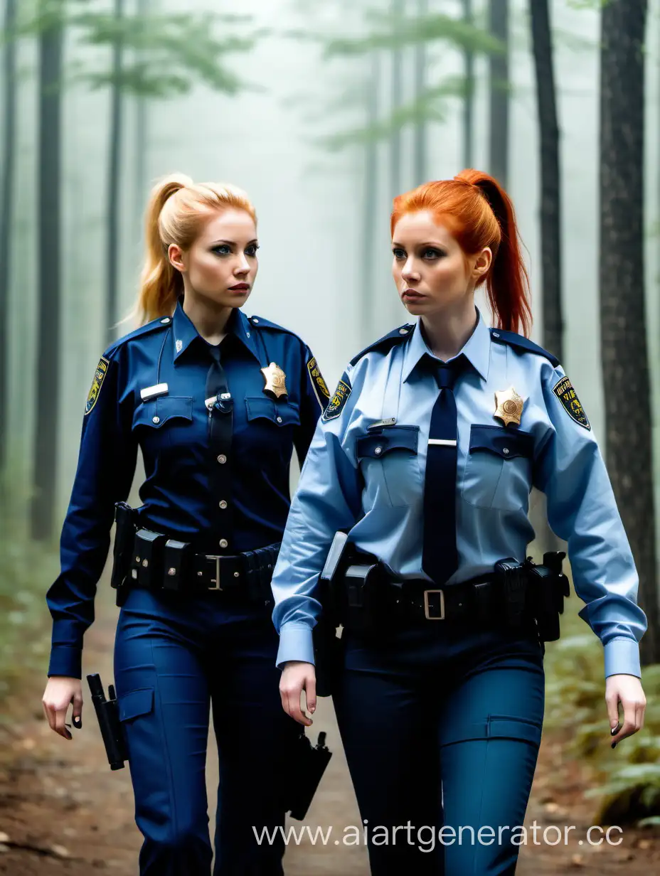 In a first plan two woman’s cops in civilian clothes, first woman blonde with ponytail 30 years old, second redhead girl 35 years old, in a background Misty Forest