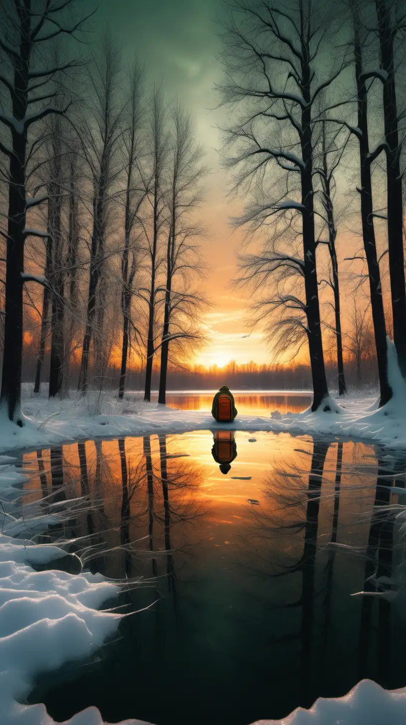 create hype snow covered forest, frozen lake in the middle with reflection, huge trees, silhouette of a guy with beanie, olive green jacket and backpack sitting, 1080p resolution, high definition, ultra 4K, volumetric lightning, orange sunset