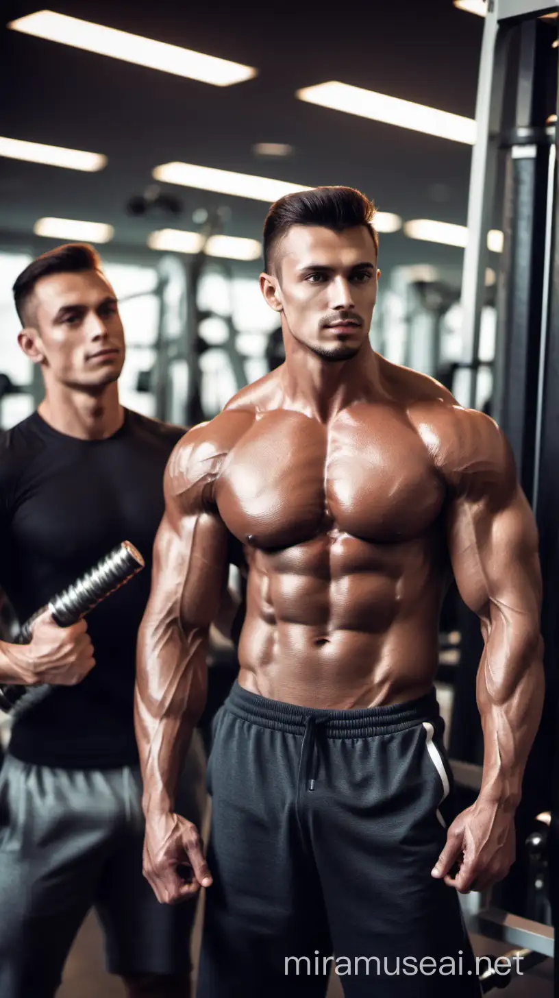 Muscular man at the gym, handsome, 2 guys at the background staring at him.
