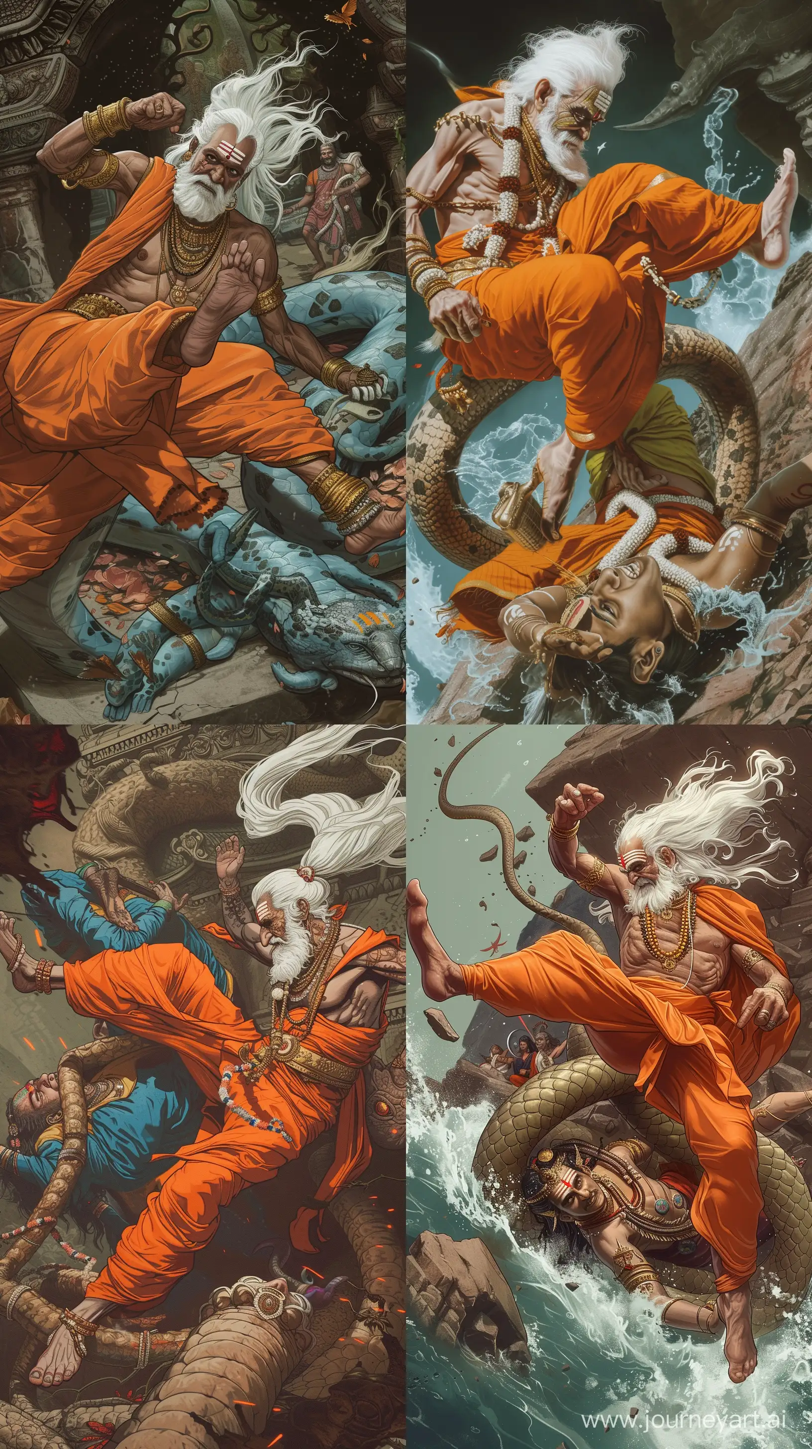 Realistic images depicting an elder Indian sage in orange attire, white haired, kicking Lord Vishnu in the chest, who's laying in a 5 headed serpent, comic background, intricate details, 8k resolution --ar 9:16 --v 6