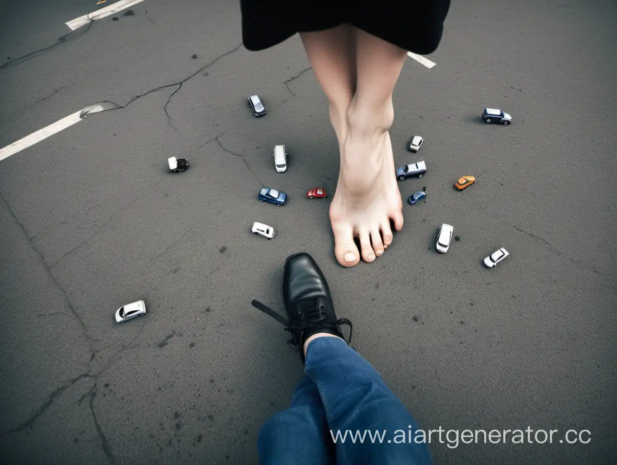 Enormous-Female-Foot-Crushing-Tiny-Cars-in-a-Parking-Lot