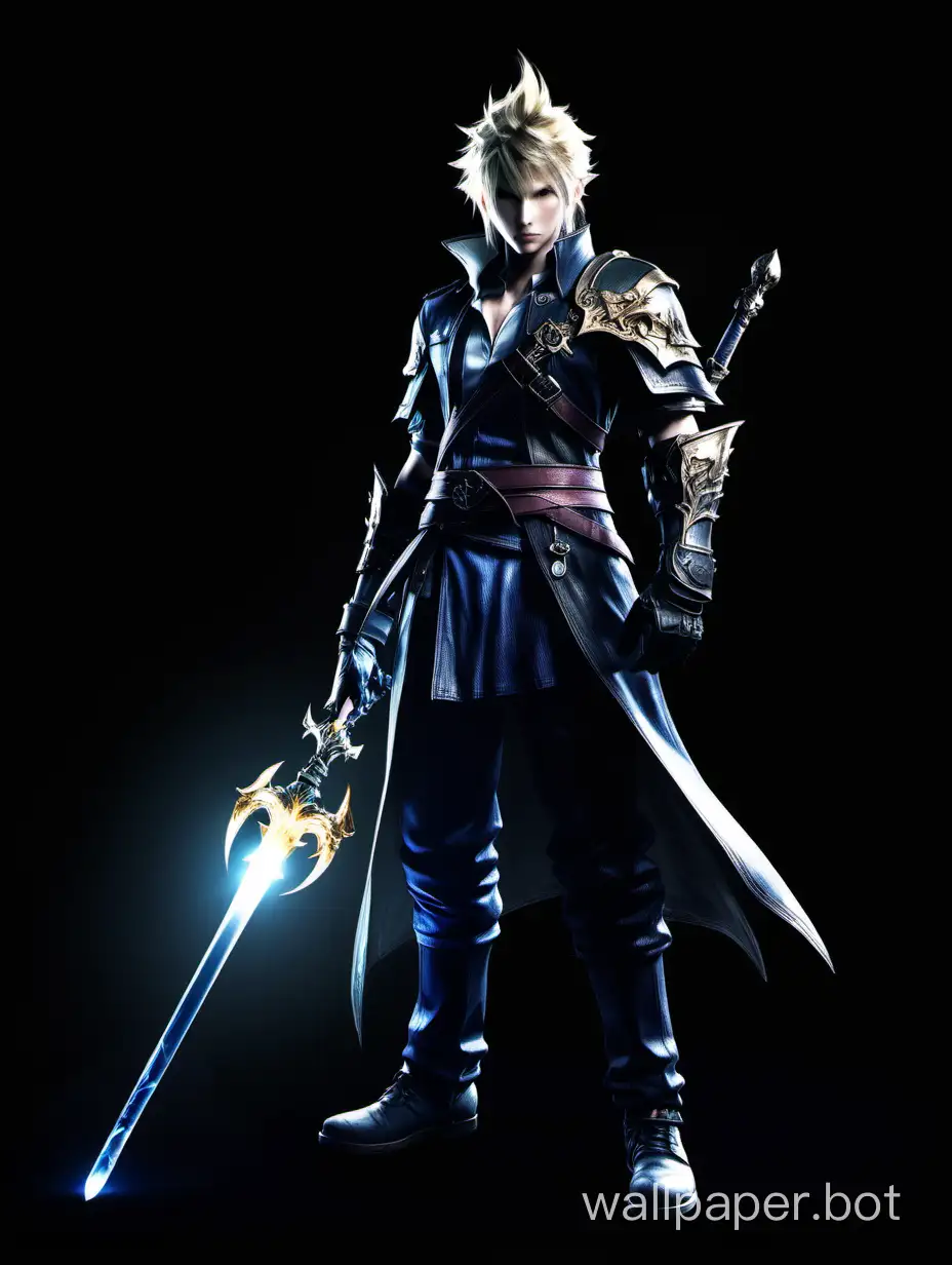 Clive Rosfield (Final Fantasy 16) stands in the shadows on a black background. The right hand is visible from the shadows, holding a staff. The combat staff is illuminated by light.