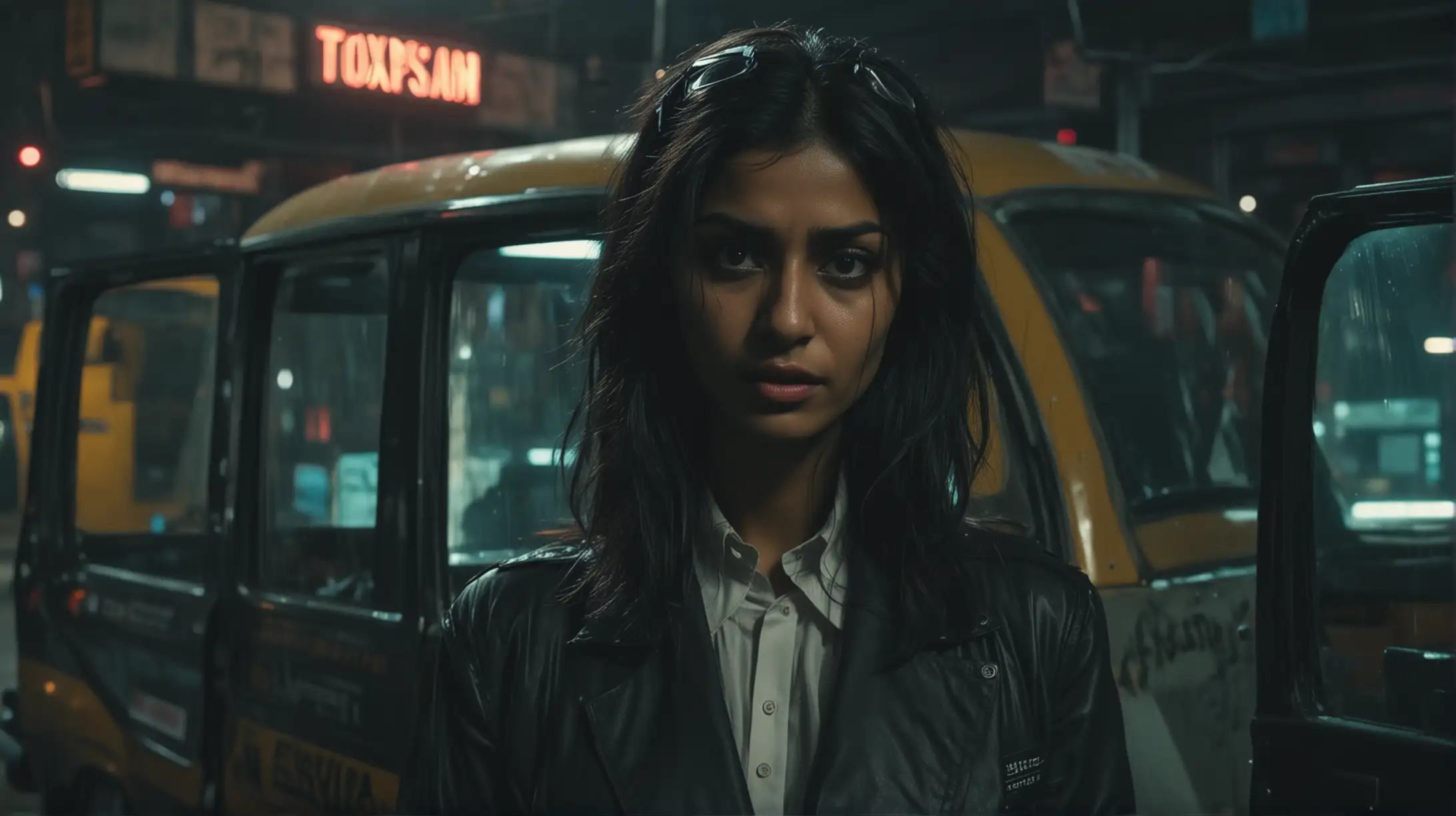 Dark gritty Pakistani taxi driver stand and talking to a sexy and hot Pakistani girl, cyberpunk, neo noir, erotic