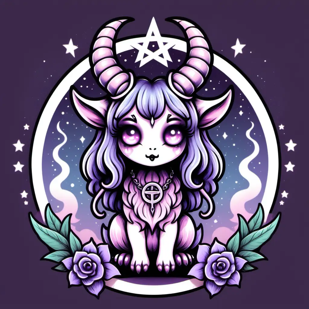 Adorable baphomet in a cute pastel goth chibi style hand drawn illustratation
