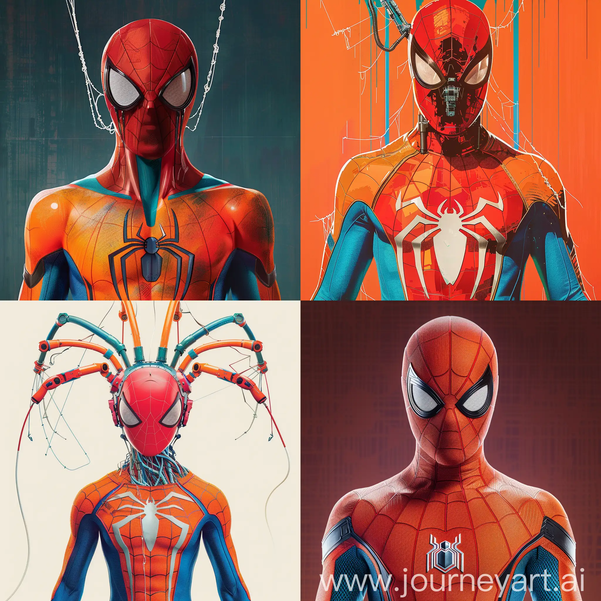 Cinematic movie poster of spiderman MCU advanced suit The suit has a red orange and blue color scheme, and it features a white color large  spider symbol on the chest . The spider has long legs and ends at the thin blue piping of the suit. the mask  is a red mask with very small and very short expressive and stark and mechanical movable eyelenses,webpatterns.