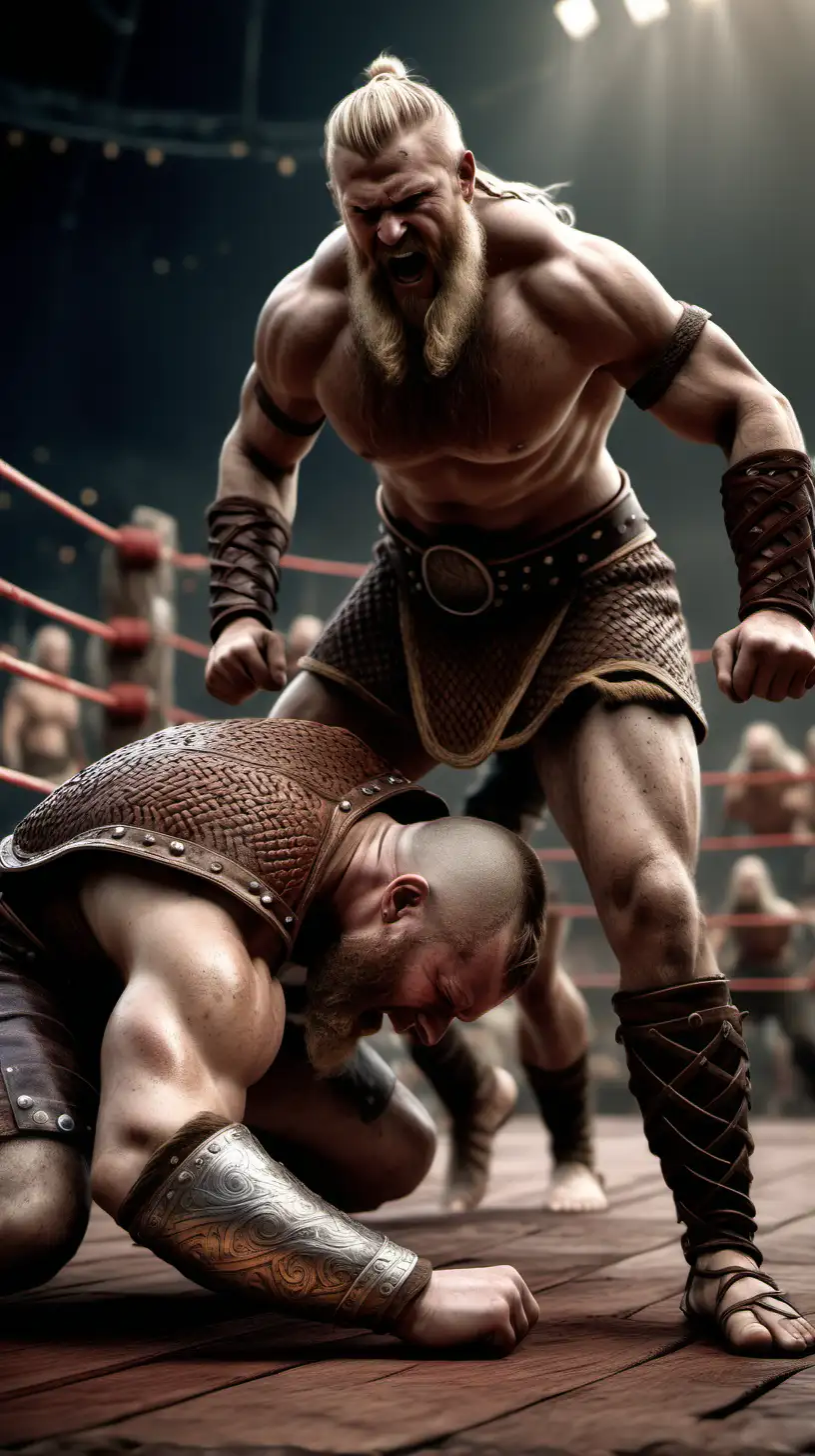  create a hyper-realistic image depicting Glima, the traditional Viking wrestling game, where one player has fallen to the ground and another stands victorious. The victorious wrestler is in a triumphant pose, reflecting the game's intensity and competitiveness, while the defeated player showcases the physical demands of Glima. The setting is an authentic Viking environment, with other Vikings spectating in the background, capturing the essence of Glima as a sport of skill, strength, and honor in Viking culture. 