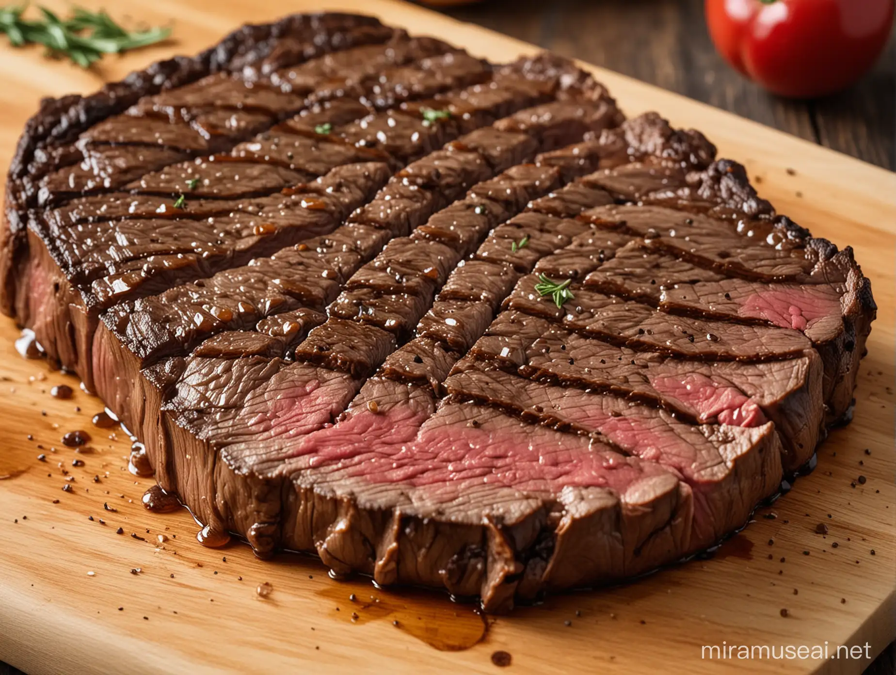 Tender Seasoned Steak on Wooden Cutting Board Gourmet Delight Captured in Natural Light